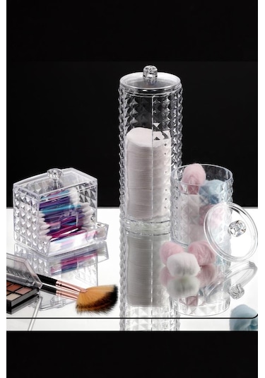 Flosoft Diamond 3 Lü Pamuk Organizer, Disk Pamukluk Makyaj Pamukluğu Kulak Çubukluğu 3 Lü Set Şeffaf