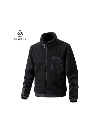 Dik Yaka Polar Günlük Hırka Açık Hava Erkek Kuzu Polar Ceket Siyah