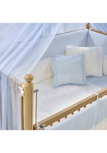 Meltem Kids Mondo Sallanır Ahşap Anne Yanı Beşik - 60x120 CM (Naturel-Mavi) Mavi