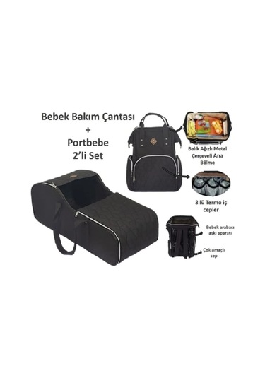 Bebek Taşıma Seti Portbebe & Anne Bebek Bakım Çantası Siyah