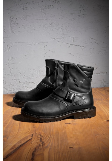 Ducavelli Rock Hakiki Deri Erkek Bağcıksız Kürklü Postal Bot, Harley Bot Siyah