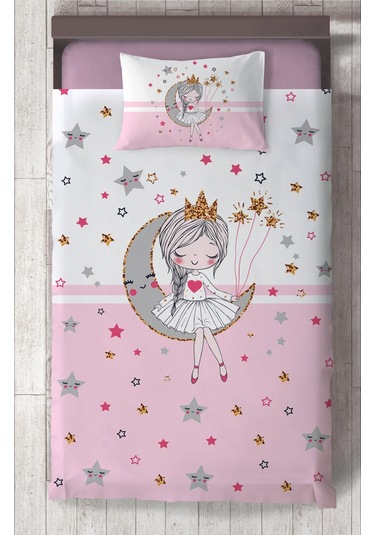 Mekta Home Bebek Ve Çocuk Odası Ayda Oturan Prenses Kız Desenli Pembe Yatak Örtüsü Renkli