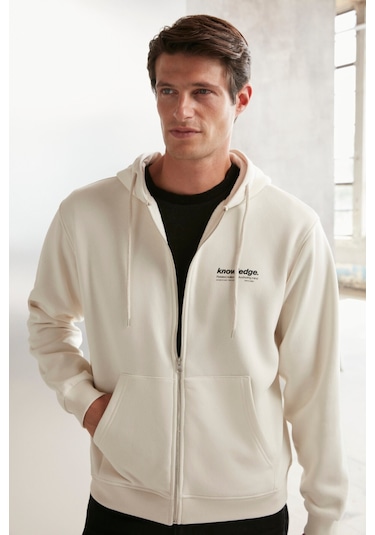 Aksel Erkek Yumuşacık Organik Pamuk Oversize Fermuarlı Baskılı Kapüşonlu Taş Rengi Sweatshirt