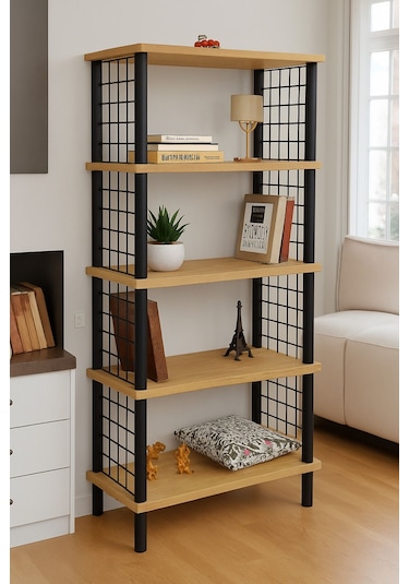 Kitap Yuvası 5 Raflı Geniş Kitaplık Ayakkabılık Banyo Düzenleyici Klasörlük Dekoratif Mutfak Rafı Safir Meşe