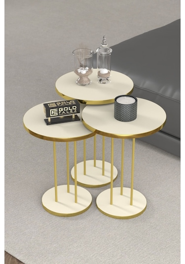 Orta Sehpa Ve Zigon Sehpa Terra Set Gold Krem