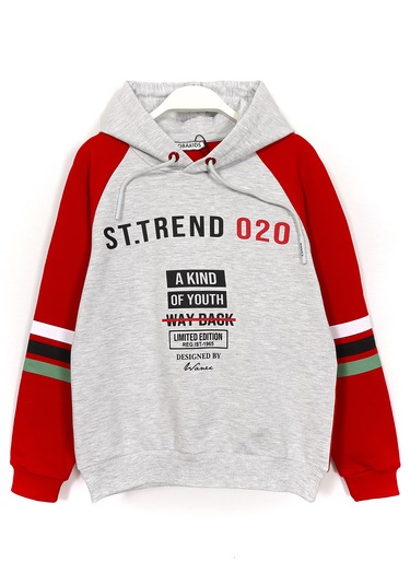 Baskılı Erkek Çocuk Kapüşonlu Sweatshirt Hoodie Gri Kırmızı 2017 Gri - Kırmızı
