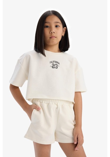 DeFacto Kız Çocuk 2'li Takım Baskılı Kısa Kollu Tişört Şort E0730A825SMER99 Ekru