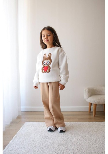 Kız Çocuk 3 İplik Şardonlu Peluş Baskı Detaylı Sweatshirt - Eşofman Alt Üst Takım Ekru