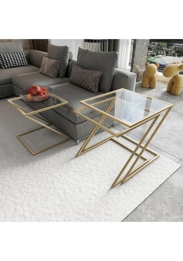 Misto Z Şekil Camlı Üçlü Zigon Sehpa Gold