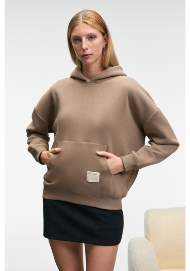 CLARIE Kadın Organik Pamuklu Oversize Kanguru Cepli Kapüşonlu Vizon Sweatshirt