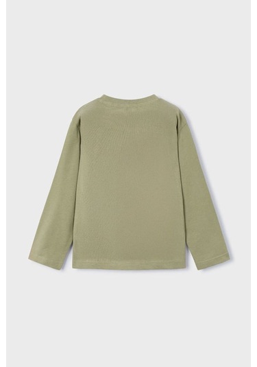 Erkek Çocuk Normal Kalıp Uzun Kollu Dinozor Baskılı T-shirt - Yeşil Kahverengi