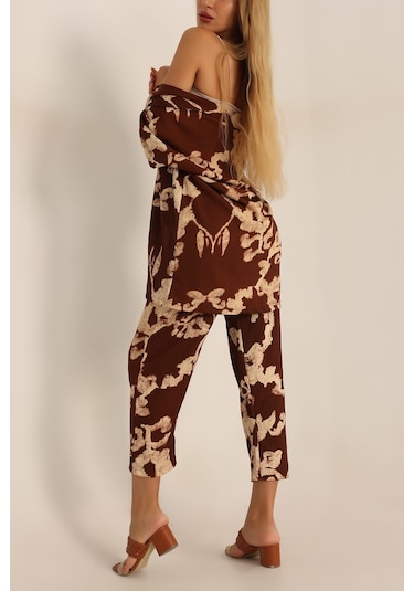 Trend Alisse Desenli Kimono Kadın Alt Üst Takım Kahverengi