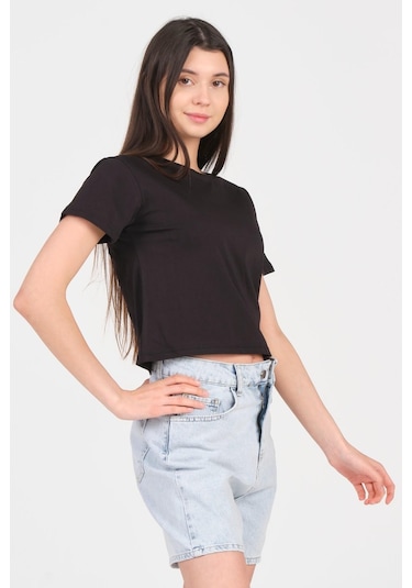 As Collection Siyah Bisiklet Yaka Kısa Kol Örme Kadın Crop 001