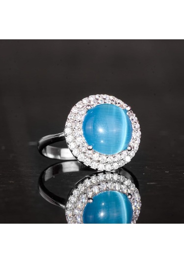 Kedi Gözlü Gümüş Yüzük - Kadınlar İçin Sterlin Gümüş Yüzük Mavi Kedi Gözlü Gümüş