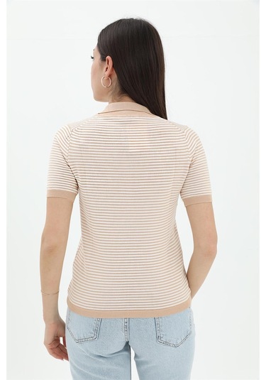 İnce Çizgili Polo Yaka Triko Kazak - Camel - Kadın Camel