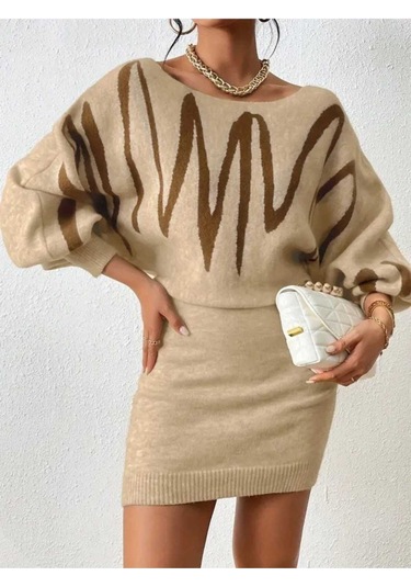 Uzun Yarasa Kollu Kayık Yaka Kısa Triko Elbise Bej Bej