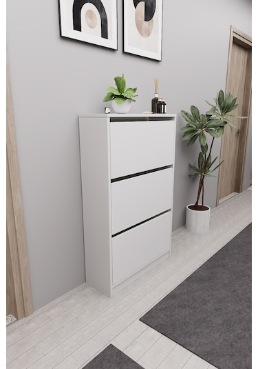 Mirobi Kembe 3 Bölmeli Açılır Modern Dekoratif Ayakkabılık Beyaz Beyaz