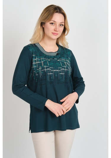 Detay Triko Kadın Taş Detaylı Desenli Yanları Yırtmaçlı Uzun Kol Anne Bluz 5741 Zümrüt Zümrüt