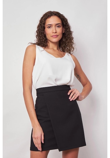 Kadın Hafif Likralı Kumaş Yüksek Bel Anvelop Kruvaze Hafif Mini Kalem Etek-siyah Siyah