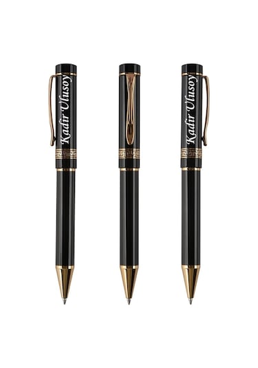 Kişiye Özel İsim Yazılı Lüks Tükenmez Kalem Siyah Gold Kutulu Hediye Kalem Siyah