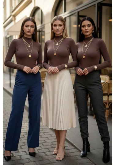 3 Lü Parmak Geçmeli Kadın Body Seti Kahverengi