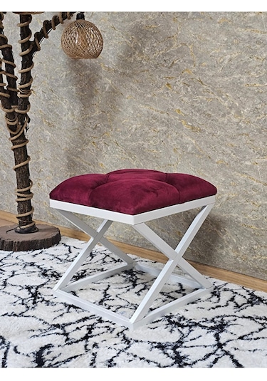 Beyaz Boyalı 45 Cm X 45 Cm Çaprazlı Puf Bench Oturak Bordo Renk 4 Çok Renkli