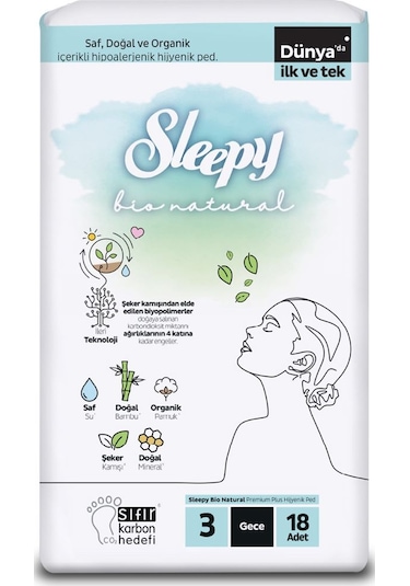 Sleepy Bio Natural Premium Plus Hijyenik Ped Gece 18 Adet Ped