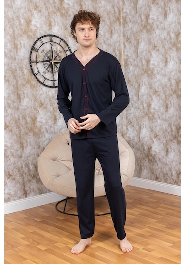 Erkek Boydan Düğmeli Yüksel Kalite Pamuk Pijama Takımı 16511 Lacivert