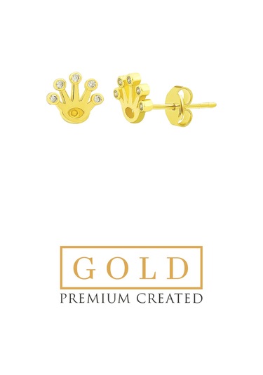 14 Ayar Sarı Altın Sertifikalı Premium Created Taşlı Minimal Taç Küpe Sarı Altın