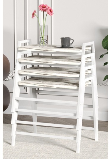 Zigon Sehpa , Aden 4'lü Tepsi Zigon Sehpa Takımı Beyaz Metal - Beyaz Mermer Tabla Beyaz-beyaz Mermer