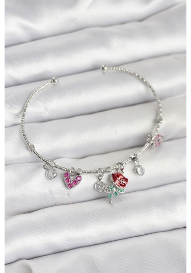 Gül Charmlı Gümüş Renk Pirinç Kadın Bileklik Çok Renkli