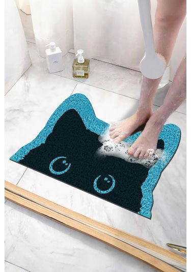 Kedili Banyo Paspası Kaymaz Taban Yumuşak Esnek Paspas Islak Zemin Hijyenik Paspas 40x60 Cm Mavi