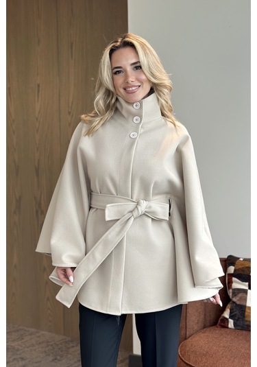 Krem Düğmeli Kuşaklı Kaşe Panço - 2055 Krem