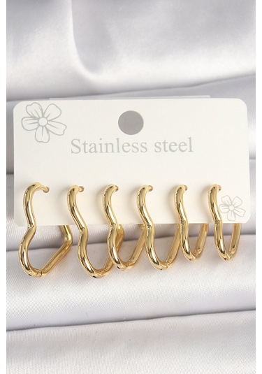 316l Çelik Gold Renk Kalp Model Kadın Küpe Seti Çok Renkli