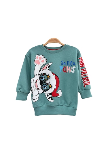 Çocuk Yeni Yıl Gözlük Nakış Detaylı Paw Noel Baskılı Pastel Yeşil Ton Sweatshirt Unisex Yeşil