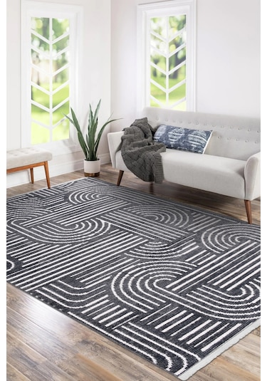 Revna Antrasit Yıkanabilir Halı Kaydırmaz Tabanlı Pamuk Dokuma Salon Mutfak Koridor İçin Antrasit