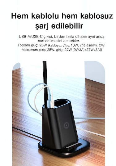 Güvenli Şarj Ve Modern Tasarım 3 Ü 1 Arada Kablosuz Şarjlı Masa Lambası Kalemlik Siyah