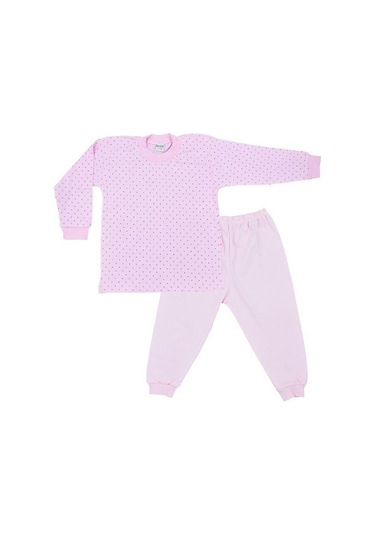 Çocuk Puantiye Desenli Pamuklu Yumuşak Dokulu Pijama-14799 Pudra