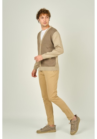 Ateş Triko Erkek Cep Detaylı V Yaka Yün Hırka 4490 Bej Bej