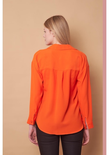 Kadın Yakalı Düşük Omuzlu Uzun Kol Likrasız Kumaş Gömlek-oranj Oranj