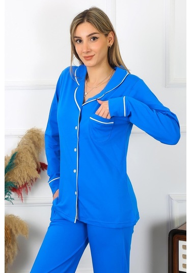 Akbeniz Kadın Pamuk Penye Önden Düğmeli Uzun Kol Saks Pijama Takım 2782-saks Saks