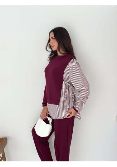 Kadın Gömlek Detay Çizgili Yandan Bağlamalı Ikili Takım Bordo