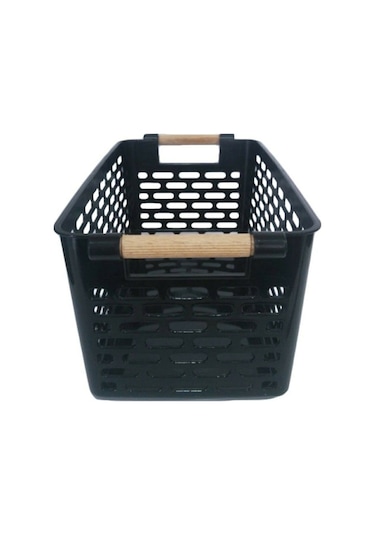 Toptanfoni 2 Adet Ahşap Renk Plastik Saplı Organizer Sepet Düzenleyici Siyah Siyah