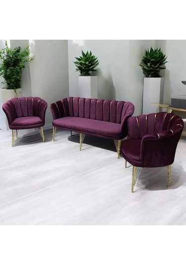 Bordo Kumaş Gümüş Metal Ayak - Balkon Ofis Bekleme Çay Seti Koltuk Takımı Bordo