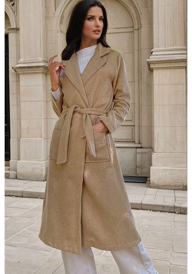 Karamel, Şal Yaka, Cepli, Kuşak Detaylı, Astarsız, Uzun Kaban Sütlü Kahverengi
