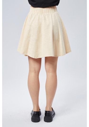 Nurören Flamlı Keten Parçalı Kısa Kloş Kadın Etek-ekru-02 Ekru