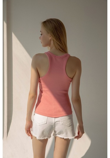 Kadın Yavruağzı Fitilli T-shirt Halter Yaka Örme Atlet Yavruağzı