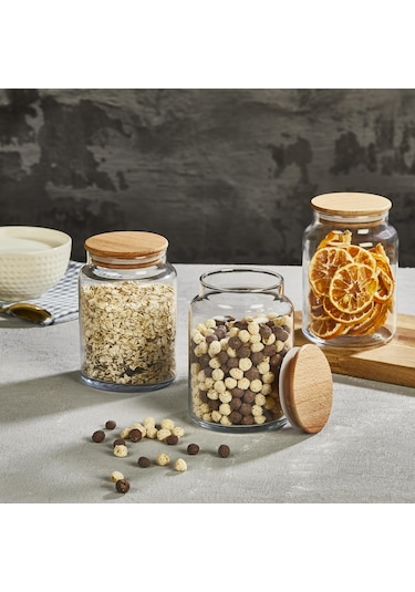 Selka Home 3'lü 890 Ml Sade Ahşap Kapaklı Cam Kavanoz