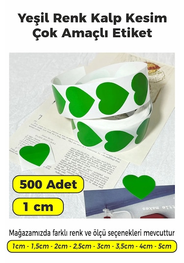 Yeşil Renk Kalp Kesim Sticker Etiket 1cm - 500 Adet Yeşil