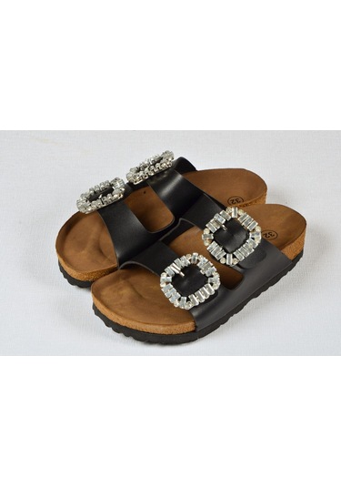 Kız Çocuk Mantar Tabanlı Çift Tokalı Ortopedik Birkeen Arizona Taşlı Terlik Siyah